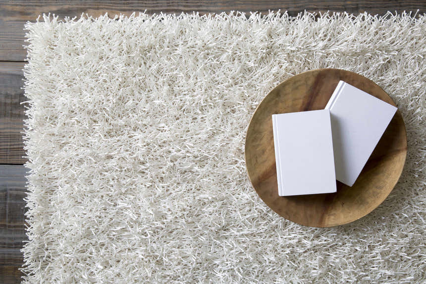 Close-up of the Browder Solid Beige Shag Area Rug showing its plush texture. Wooden tray and books are styled on the rug. Styleshot
