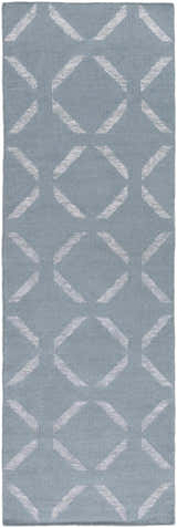 Close-up of Weybridge Area Carpet. Light gray wool rug with a medium gray geometric diamond pattern. Hand woven texture. Design-Runner-268