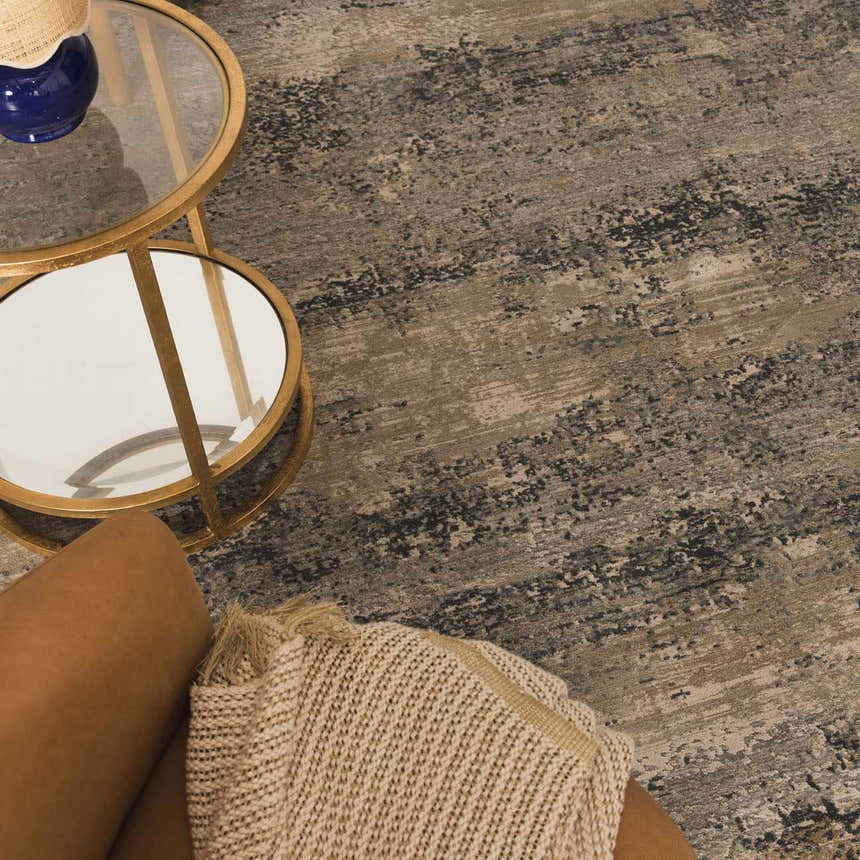 Close-up of the Whyalla Misty Thick Luxe Rug showing its taupe, gray, and black abstract design and soft texture. Styleshot