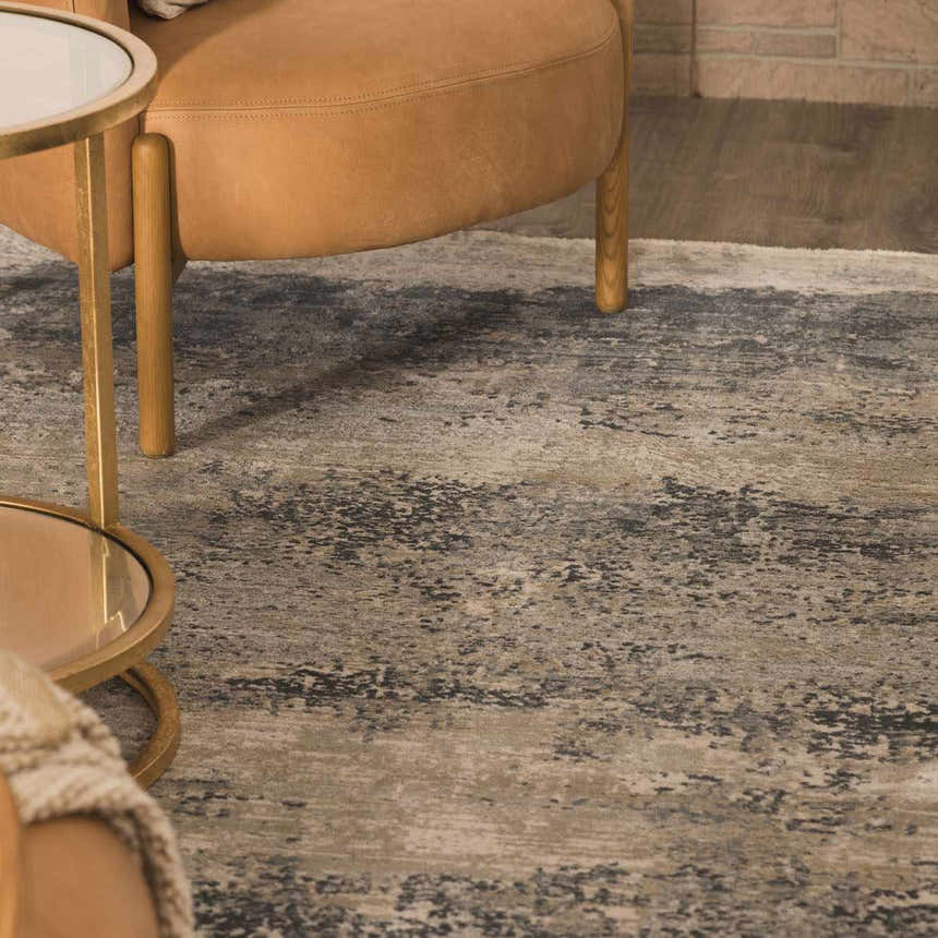 Close-up of the Whyalla Misty Thick Luxe Rug, showing its dusty sage, gray, and navy abstract design and luxe texture. Styleshot