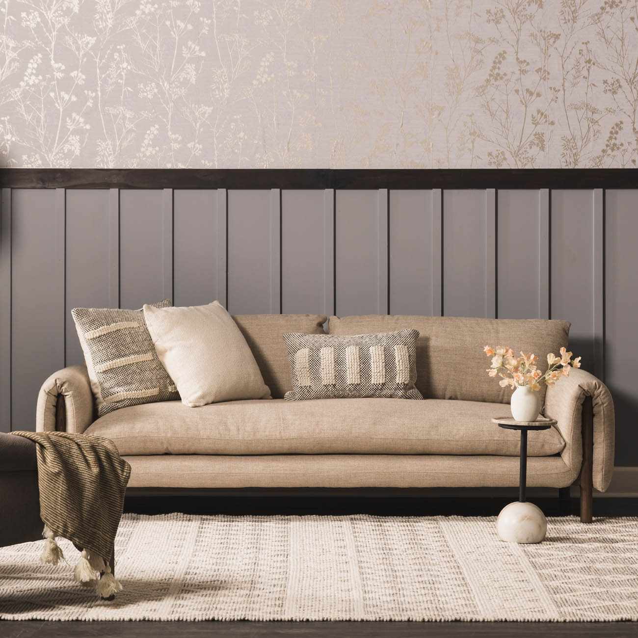 Whittington Wool Area Rug placed in a styled room setting, harmonizing with surrounding room decor. Transitional,Bohemian Area Rug Backing  