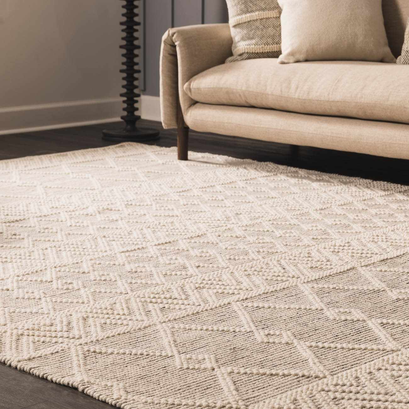 Whittington Wool Area Rug placed in a styled room setting, harmonizing with surrounding room decor. Transitional,Bohemian Area Rug Backing  