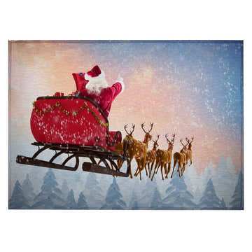 Dalyn Wonderland WN1 Twilight Washable Area Rug with Santa and reindeer design in black, chestnut, silver gray, soft teal, and taupe.