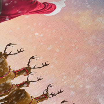 Close-up of Dalyn Wonderland WN1 Twilight Washable Area Rug, featuring Santa and reindeer in chestnut, taupe, and twilight colors.