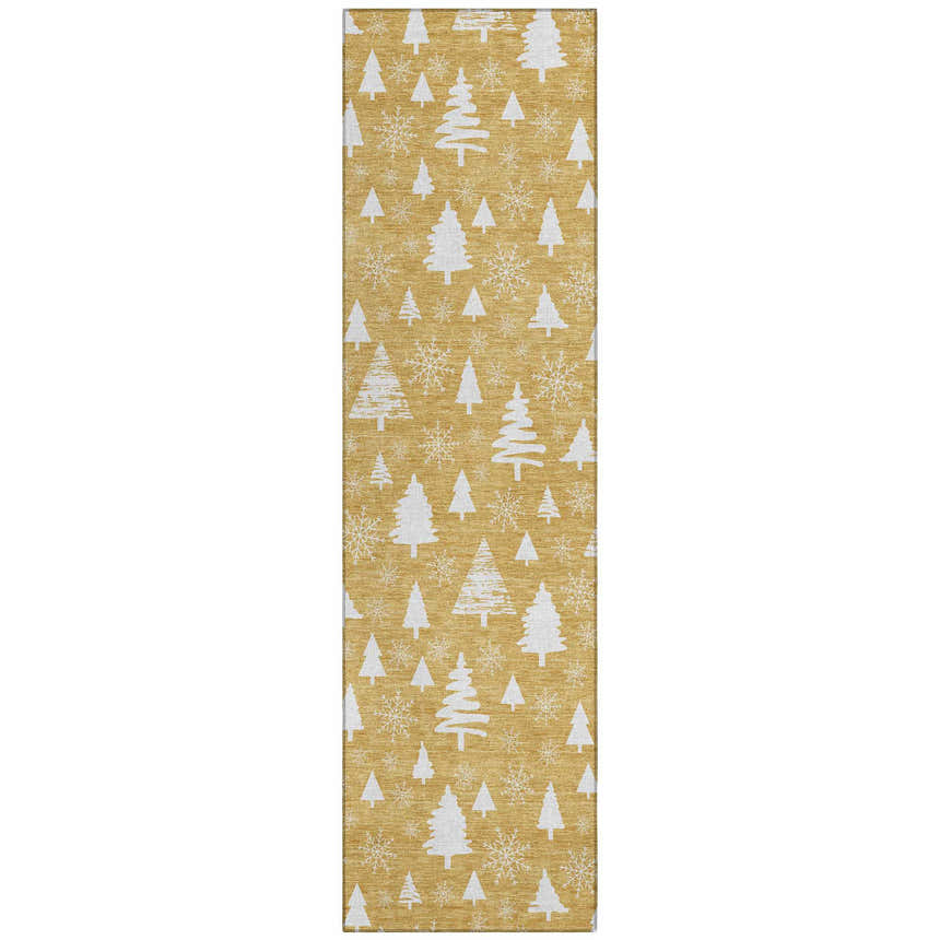 Close-up of Dalyn Wonderland WN23 Gold Washable Area Rug featuring a festive white tree and snowflake pattern on a chestnut gold background.