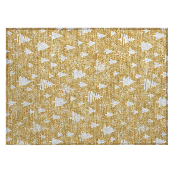 Close-up of the Dalyn Wonderland WN23 Gold Washable Area Rug featuring a white Christmas tree pattern on a chestnut gold background.