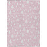 Dalyn Wonderland WN23 Pink Washable Area Rug with white Christmas trees and snowflakes pattern.