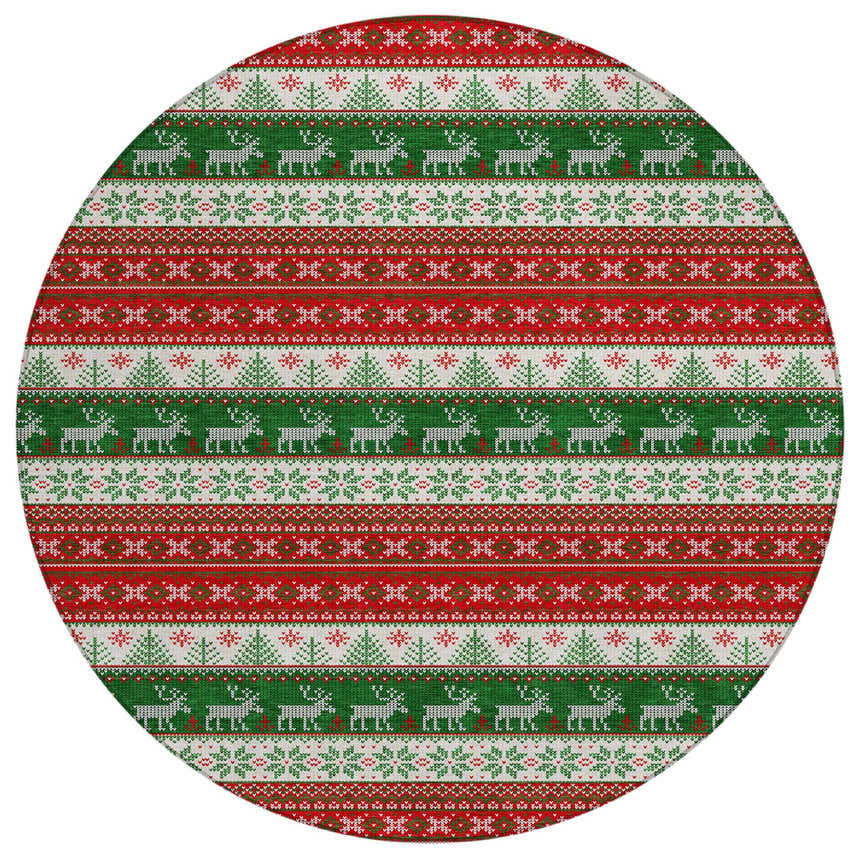 Dalyn Wonderland WN26 Red Washable Area Rug with a festive holiday pattern of reindeer, trees, and snowflakes in red, green, and white.