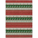Close-up of Dalyn Wonderland WN26 Red Washable Area Rug. Features a holiday pattern with reindeer, trees, and snowflakes in red, green, and chestnut.