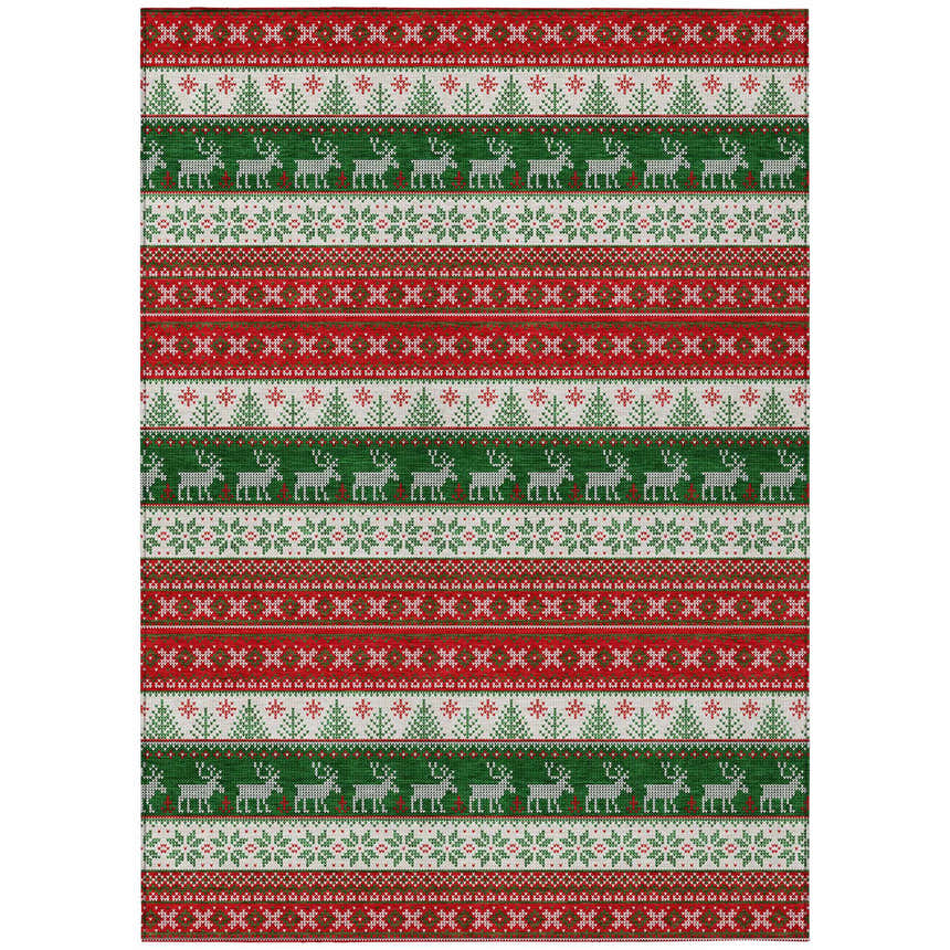 Close-up of Dalyn Wonderland WN26 Red Washable Area Rug. Features a holiday pattern with reindeer, trees, and snowflakes in red, green, and chestnut.