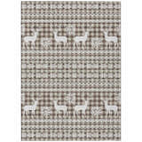 Close-up of the Dalyn Wonderland WN28 Brown Washable Area Rug. Features a beige and brown plaid pattern with reindeer and snowflake designs.