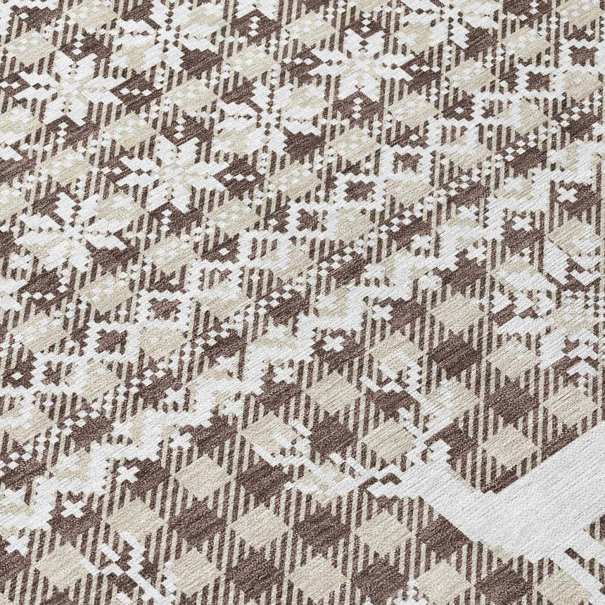 Close-up of the Dalyn Wonderland Brown Washable Area Rug. Beige, chestnut, and dark brown geometric pattern.