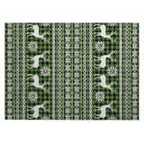 Close-up of Dalyn Wonderland Cactus WN28 rug. Green, black plaid with white reindeer and snowflake pattern. Holiday style.