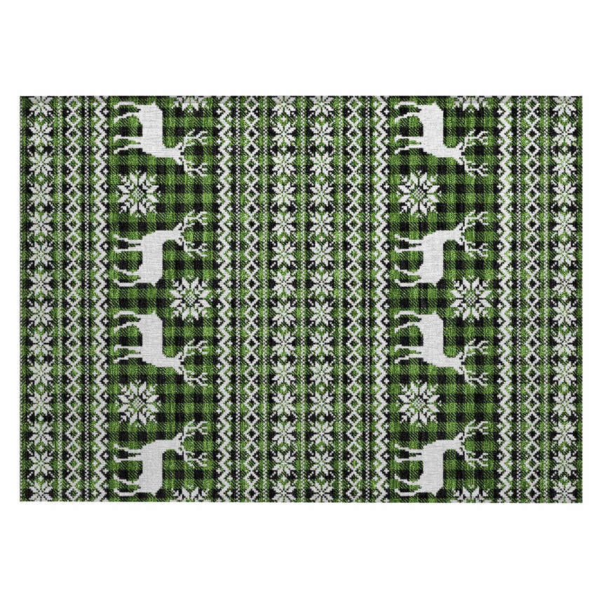 Close-up of Dalyn Wonderland Cactus WN28 rug. Green, black plaid with white reindeer and snowflake pattern. Holiday style.
