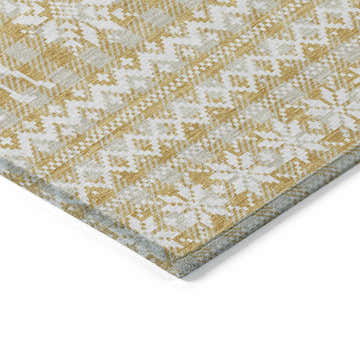 Close up of Dalyn Wonderland WN28 Gold Washable Area Rug. Features a geometric, gold, taupe, and chestnut pattern.