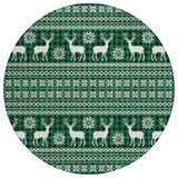 Close-up of the round Dalyn Wonderland WN28 Green Washable Area Rug with a holiday deer and snowflake pattern.