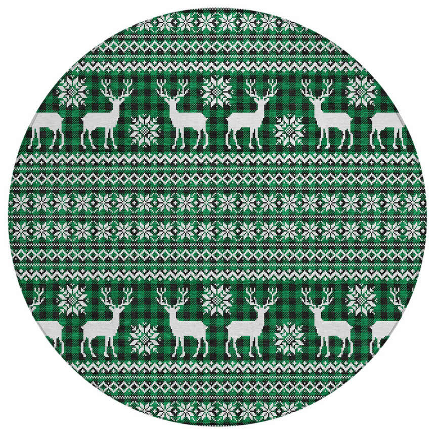 Close-up of the round Dalyn Wonderland WN28 Green Washable Area Rug with a holiday deer and snowflake pattern.
