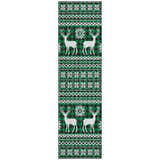 Close-up of Dalyn Wonderland WN28 Green Washable Area Rug. Holiday style with deer and snowflake pattern in green, black, and white.