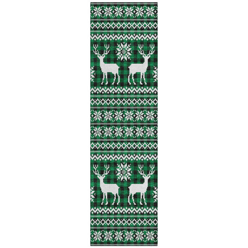 Close-up of Dalyn Wonderland WN28 Green Washable Area Rug. Holiday style with deer and snowflake pattern in green, black, and white.