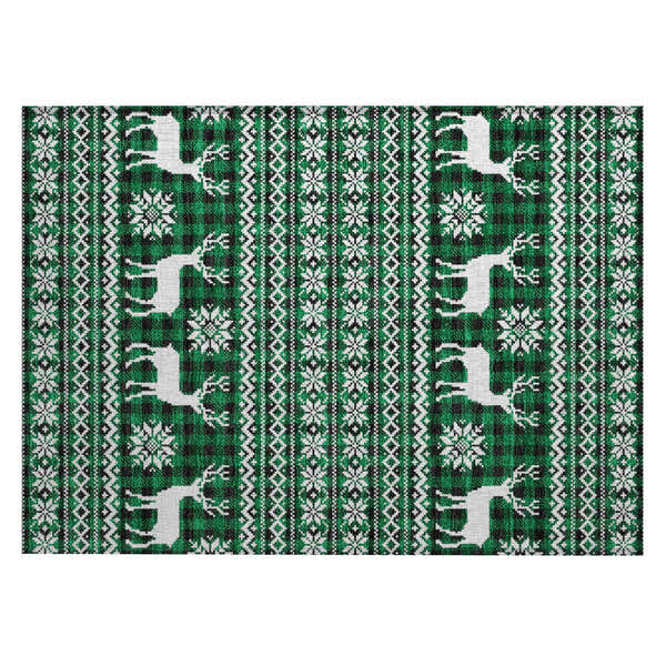 Close-up of Dalyn Wonderland WN28 Green Washable Area Rug. Features a holiday design with reindeer and snowflakes.