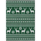 Close-up of Dalyn Wonderland WN28 Green Washable Area Rug with reindeer, snowflake, and green plaid holiday pattern.