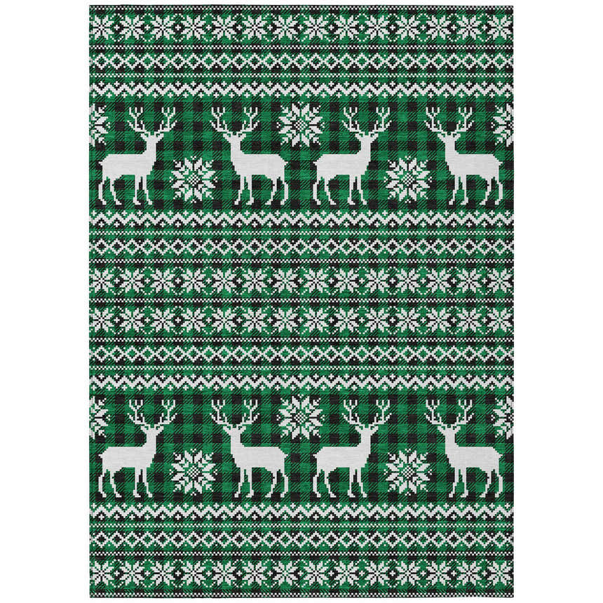 Close-up of Dalyn Wonderland WN28 Green Washable Area Rug with reindeer, snowflake, and green plaid holiday pattern.