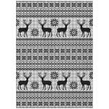 Dalyn Wonderland WN28 Silver Washable Area Rug with black reindeer and snowflake holiday pattern on a gray buffalo check background.