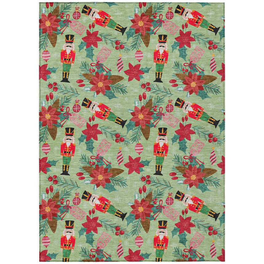Aloe Wonderland WN30 area rug with holiday pattern. Nutcrackers, ornaments, and poinsettias on a light green background.