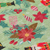 Close-up of Dalyn Wonderland WN30 Aloe Washable Area Rug featuring a holiday pattern with nutcrackers and ornaments.