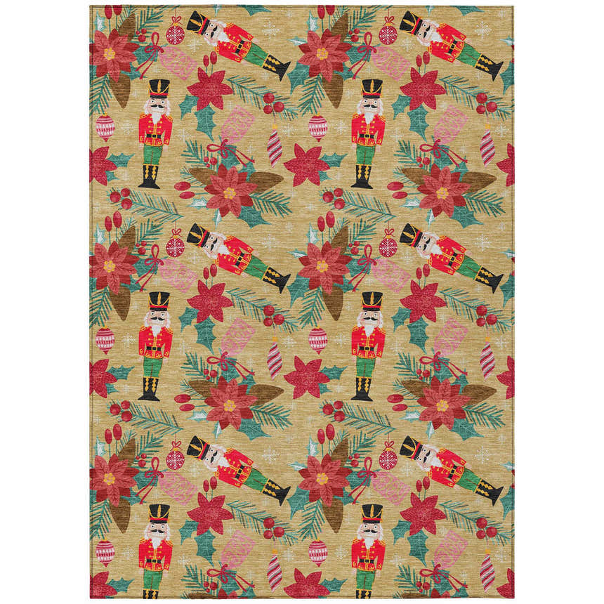 Dalyn Wonderland WN30 Gold Washable Area Rug with festive nutcracker, poinsettia, and ornament holiday pattern.