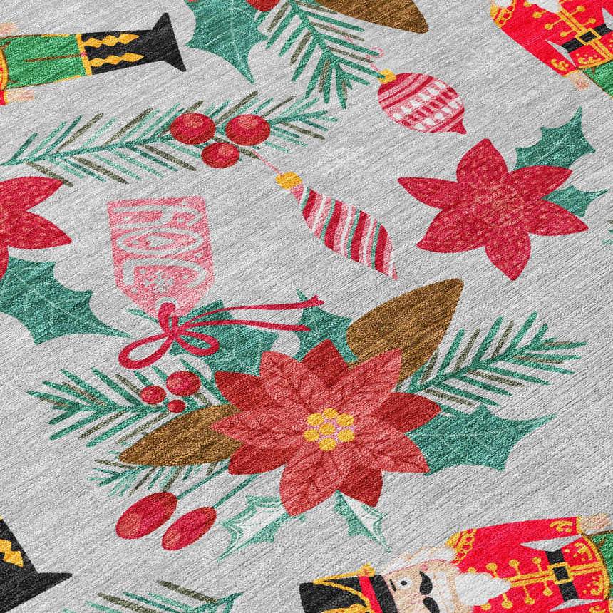 Close-up of Dalyn Wonderland WN30 Silver Washable Area Rug featuring holiday ornaments, nutcrackers, and poinsettias.