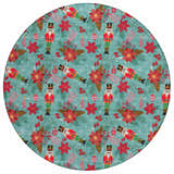 Close-up of Dalyn Wonderland WN30 Teal Washable Area Rug with nutcracker, poinsettia, and ornament holiday pattern.
