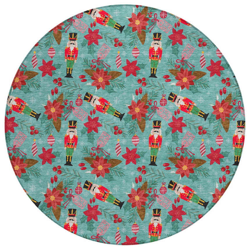 Close-up of Dalyn Wonderland WN30 Teal Washable Area Rug with nutcracker, poinsettia, and ornament holiday pattern.