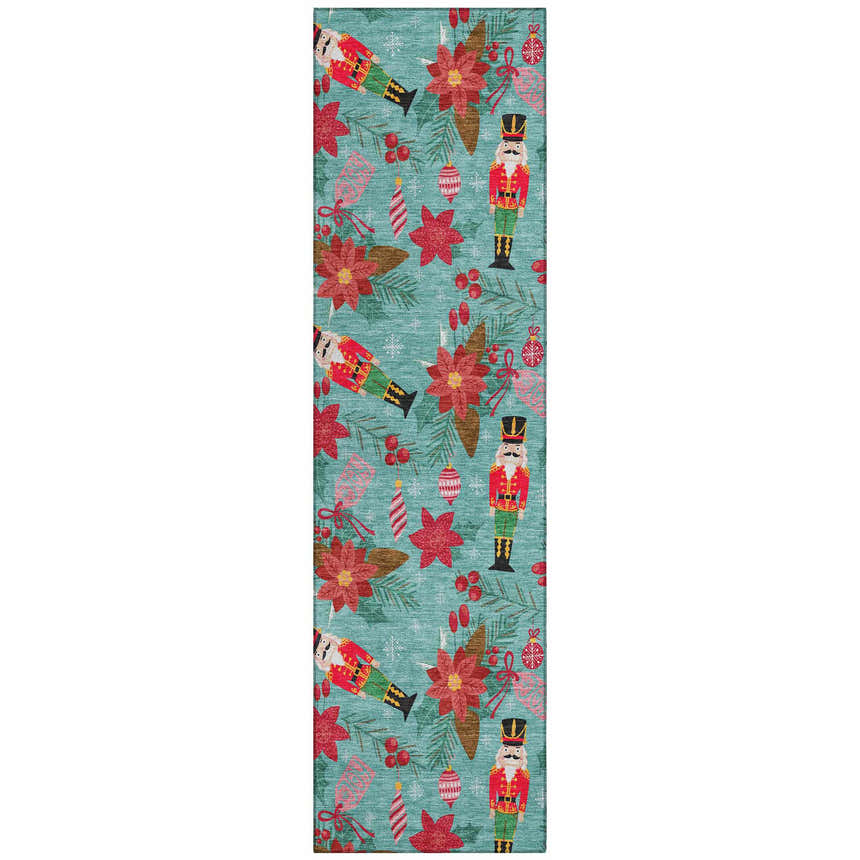 Dalyn Wonderland WN30 Teal rug featuring a holiday pattern with nutcrackers, poinsettias, ornaments, and snowflakes.