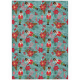 Dalyn Wonderland Teal rug close-up featuring a festive nutcracker, poinsettia, and ornament pattern.