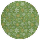 Close-up of the round Dalyn Wonderland WN31 Green Washable Area Rug featuring a snowflake and star pattern in green, gold, and white.