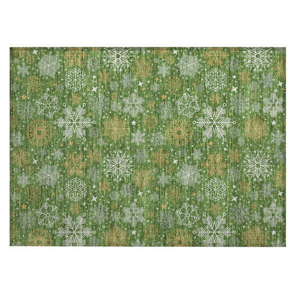 Close-up of Dalyn Wonderland WN31 green washable rug featuring snowflakes and stars in chestnut, gold, and white.