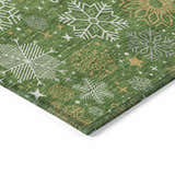 Close-up of the Dalyn Wonderland WN31 Green Washable Area Rug with snowflake and star pattern in chestnut, gold, and white.