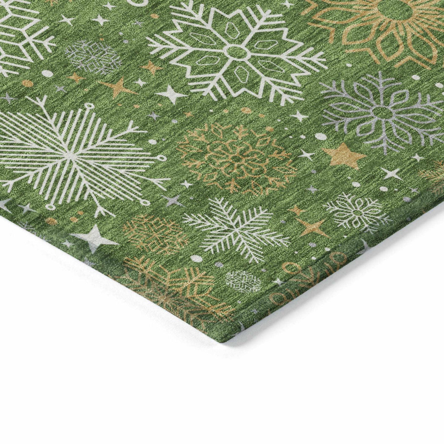 Close-up of the Dalyn Wonderland WN31 Green Washable Area Rug with snowflake and star pattern in chestnut, gold, and white.