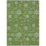 Dalyn Wonderland WN31 green rug with snowflake pattern. Holiday style rug in chestnut, gold, and green. Machine-made polyester rug.