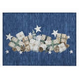 Dalyn Wonderland Navy Washable Area Rug with beige gifts, pinecones, and white stars on a textured blue background.