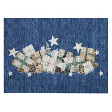 Dalyn Wonderland Navy Washable Area Rug with beige gifts, pinecones, and white stars on a textured blue background.