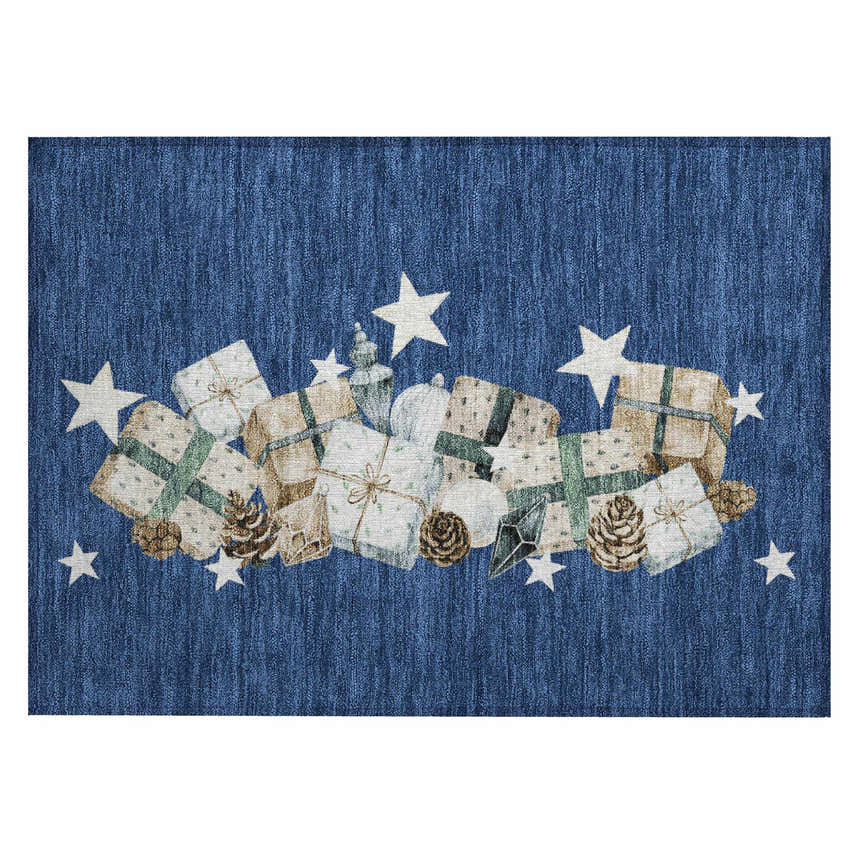 Dalyn Wonderland Navy Washable Area Rug with beige gifts, pinecones, and white stars on a textured blue background.