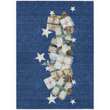 Dalyn Wonderland Navy Washable Area Rug with beige gifts, pinecones, and white stars on a textured blue background.