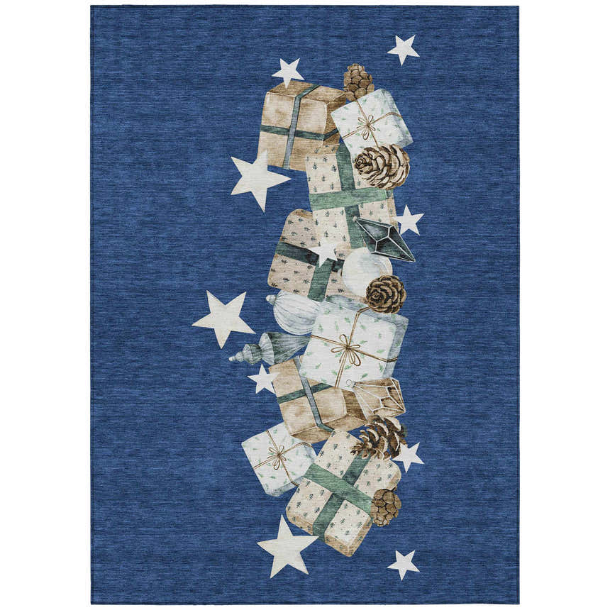 Dalyn Wonderland Navy Washable Area Rug with beige gifts, pinecones, and white stars on a textured blue background.