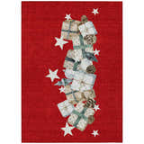 Dalyn Wonderland WN33 Red Washable Area Rug with holiday gifts, ornaments, and stars on a red background.