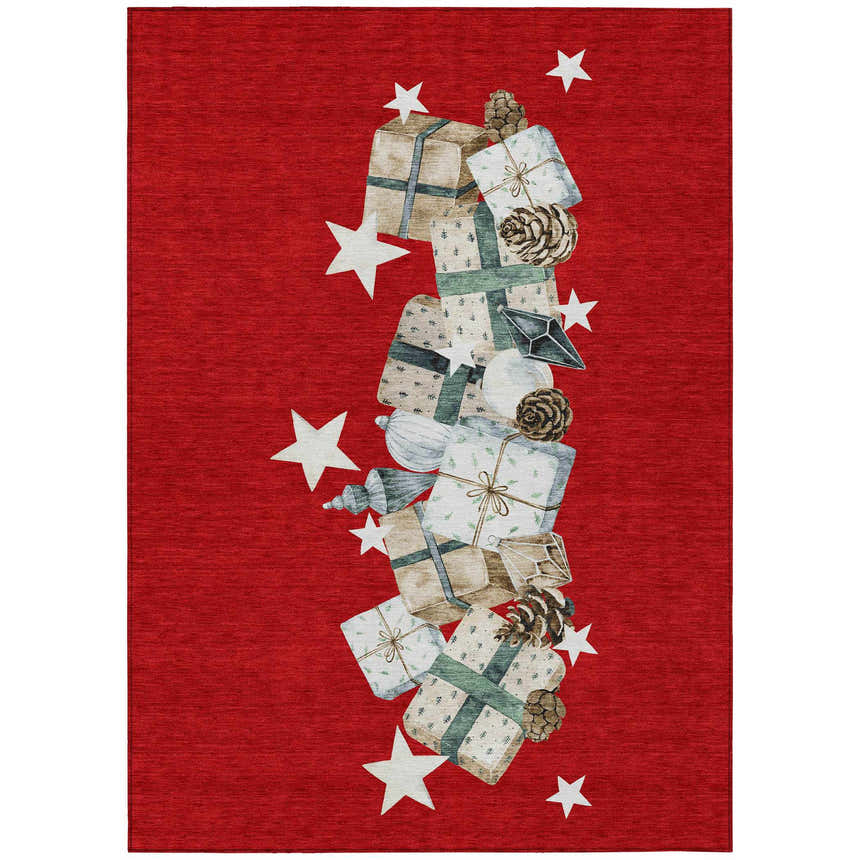 Dalyn Wonderland WN33 Red Washable Area Rug with holiday gifts, ornaments, and stars on a red background.