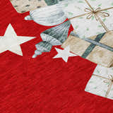 Close-up of the Dalyn Wonderland WN33 Red Washable Area Rug, featuring a festive holiday design with gifts and stars.