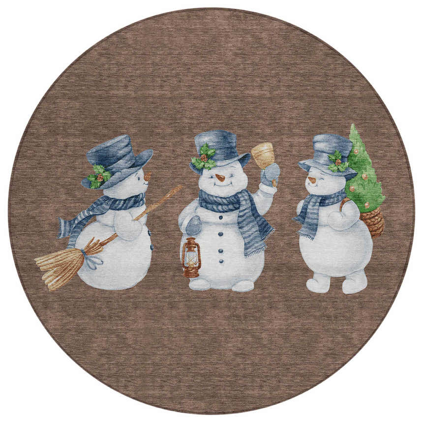 Dalyn Wonderland WN34 Brown Washable Area Rug, round shape, with a snowman holiday design.
