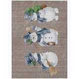Dalyn Wonderland WN34 Taupe Washable Area Rug with snowmen wearing hats and scarves, carrying a tree, lantern, and broom.